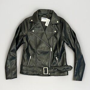 Old Navy Women's Faux Leather Belted Biker Jacket Size XS Black Full Zip NWT